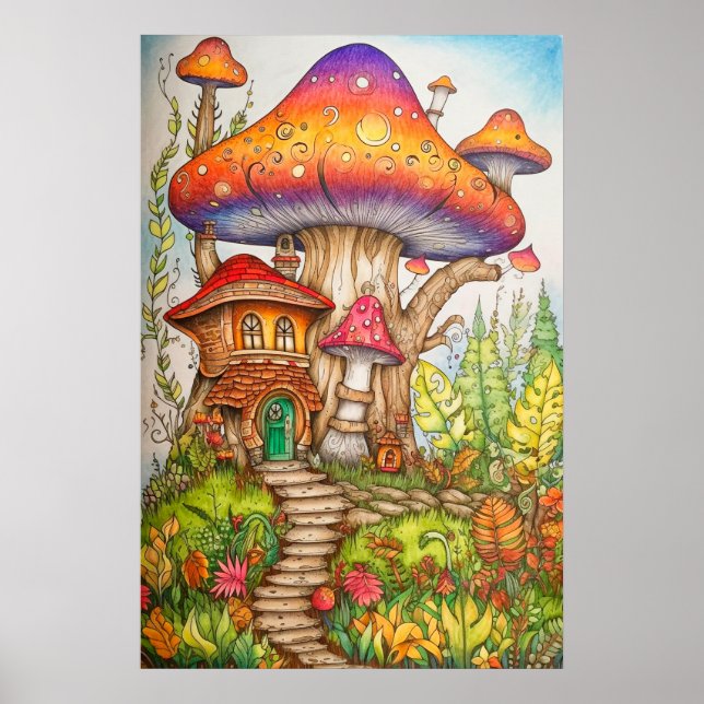 Creative Colourful Whimsical Mushroom Dwelling Poster (Front)