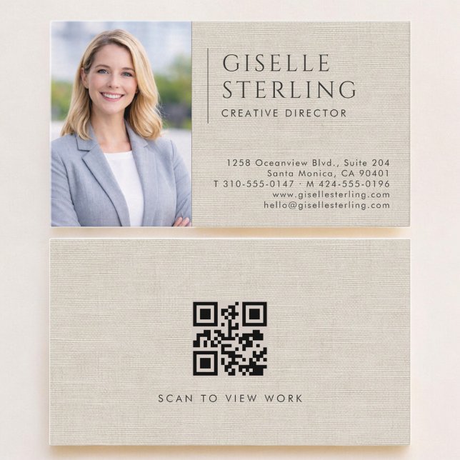 Creative Director Linen Photo QR Code Business Card (Creator Uploaded)