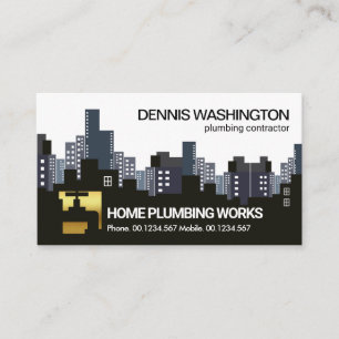 Creative Downtown City Skyline Gold Faucet Plumber Business Card