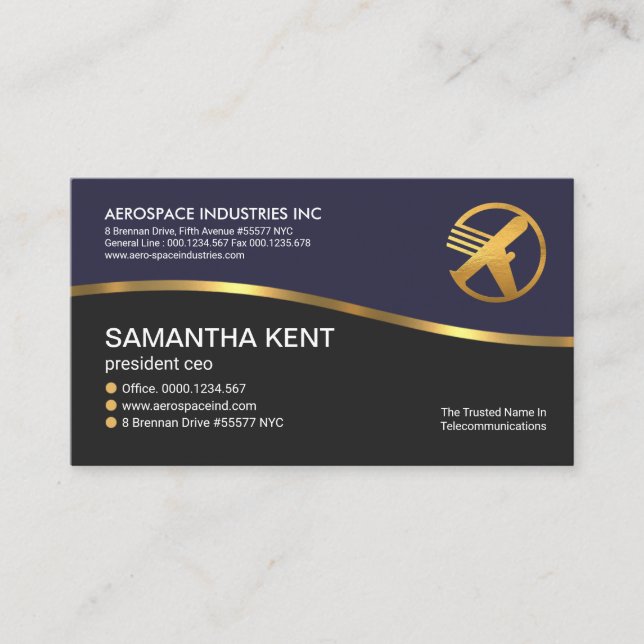 Creative Faux Gold Wave Simple Blue Black CEO Business Card (Front)