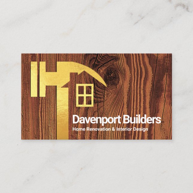 Creative Gold Hammer Home Silhouette Timber Wood Business Card (Front)