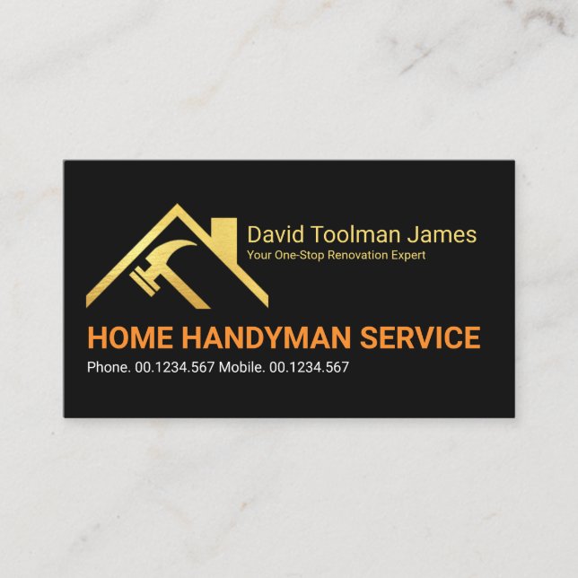 Creative Gold Rooftop Hammer Building Handyman Business Card (Front)