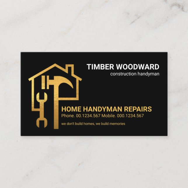 Creative Gold Spanner Hammer Rooftop Building Business Card (Front)