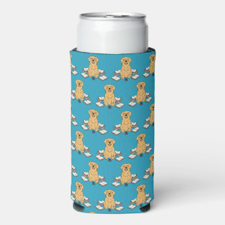 Creative Golden Retriever Puppy Writer Blue Design Seltzer Can Cooler
