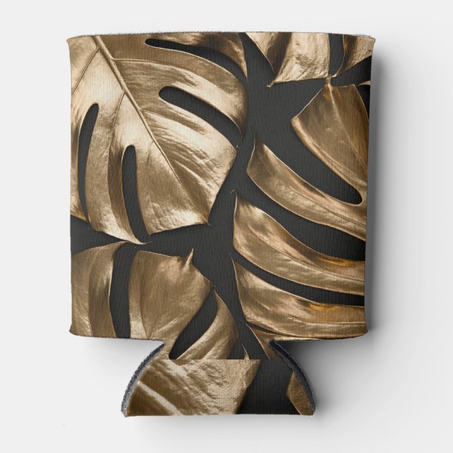 Creative monstera leaves, black background. can cooler (Front)