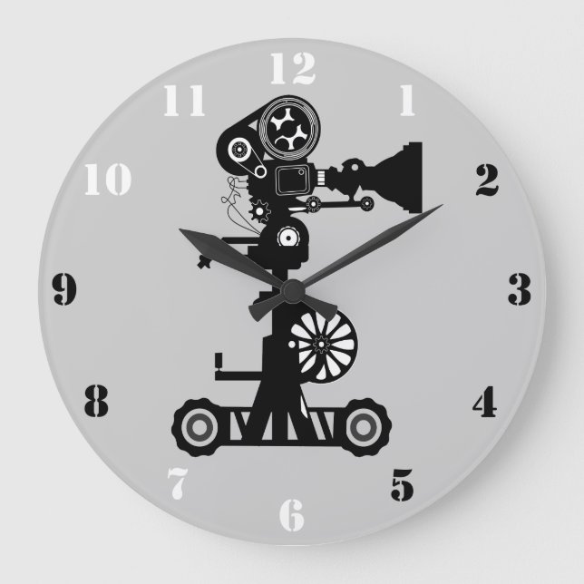 CREATIVE MOVIE CAMERA WITH BLACK & WHITE NUMERALS LARGE CLOCK (Front)