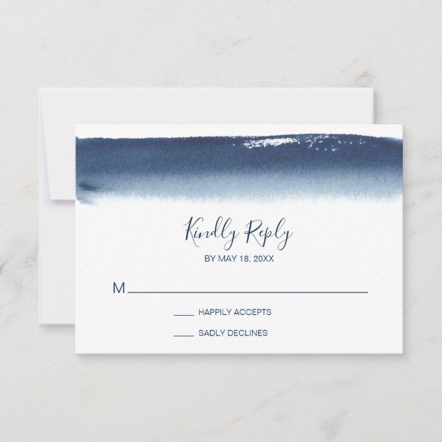 Creative Navy Blue Watercolor Modern Wedding RSVP Card (Front)
