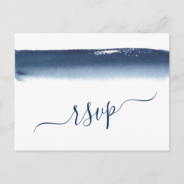 Creative Navy Blue Watercolor Wedding RSVP Invitation Postcard (Front)