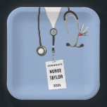 Creative Nurse Graduation Paper Plates<br><div class="desc">Personalised nursing school graduation party plates featuring blue hospital scrubs. Edit text to add nurse's name.</div>