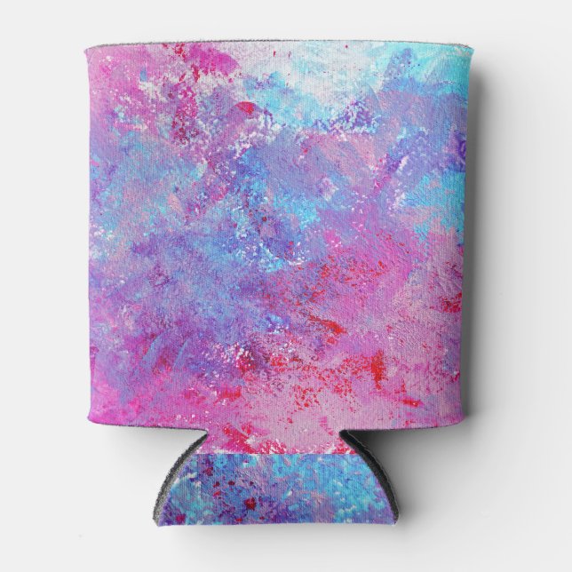 Creative pink-blue texture, paint blots. can cooler (Front)