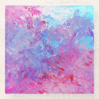 Creative pink-blue texture, paint blots. glass coaster