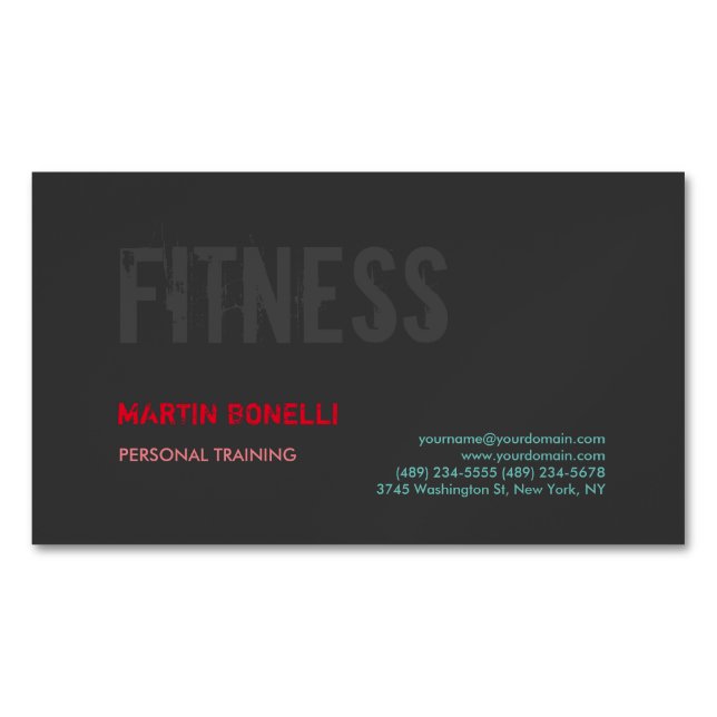 Creative Retro Black Grey Dynamic Personal Trainer Magnetic Business Card (Front)