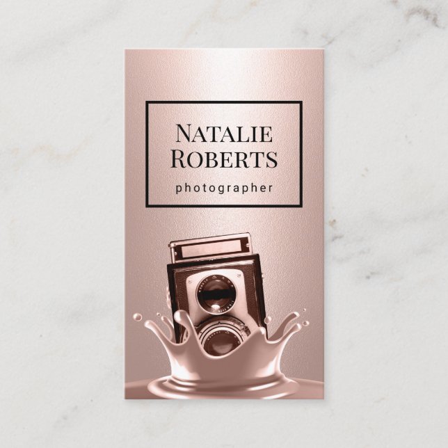 Creative Rose Gold Splash Camera Photography Business Card (Front)