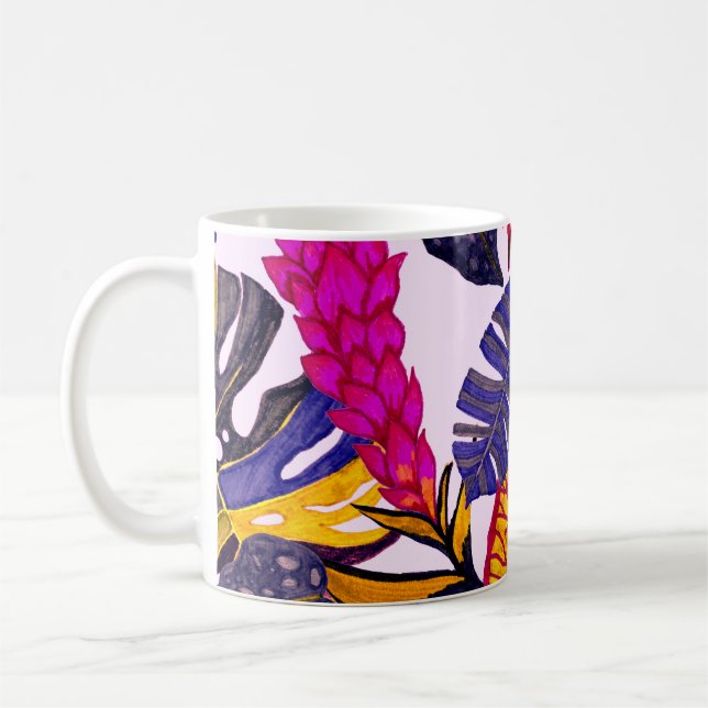 Creative seamless pattern with tropical leaves and coffee mug (Left)