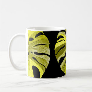 Creative seamless pattern with tropical leaves and coffee mug