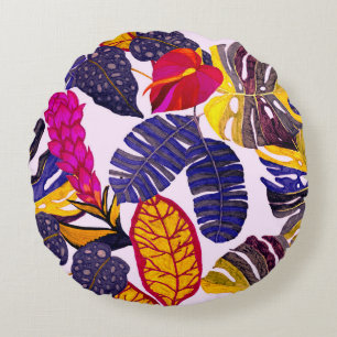 Creative seamless pattern with tropical leaves and round cushion