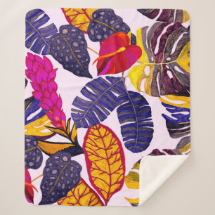 Creative seamless pattern with tropical leaves and sherpa blanket