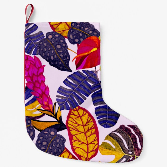 Creative seamless pattern with tropical leaves and small christmas stocking (Front)