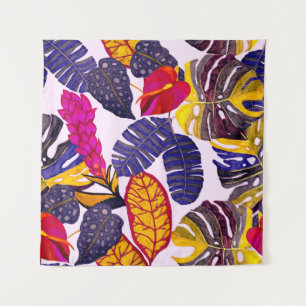 Creative seamless pattern with tropical leaves and tapestry