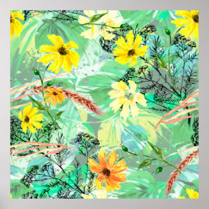 Creative seamless watercolor pattern of plants, He Poster