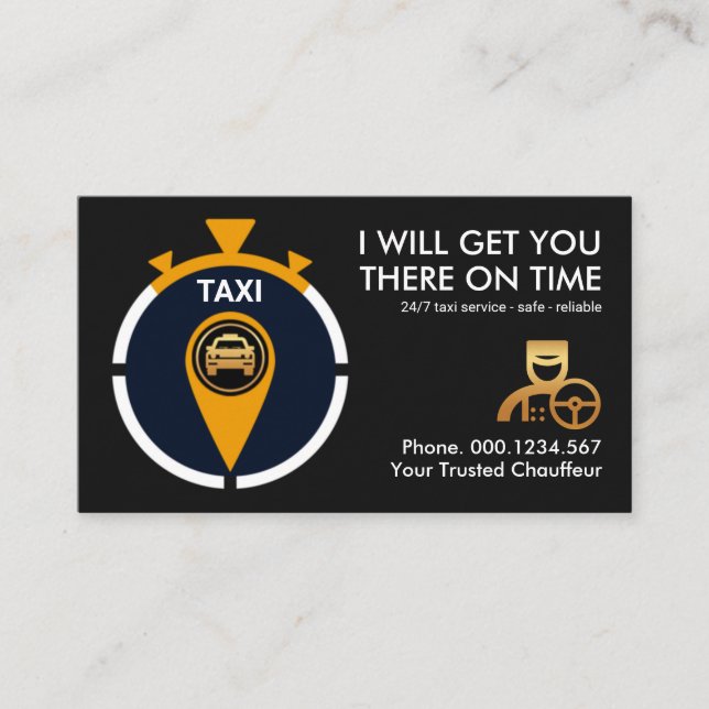 Creative Stopwatch Location Icon Taxi Cab Business Card (Front)