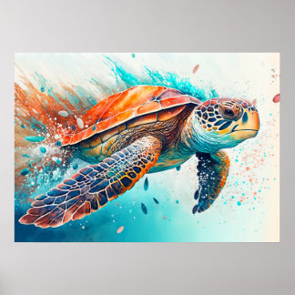Creative Swimming Tortoise Illustration Poster