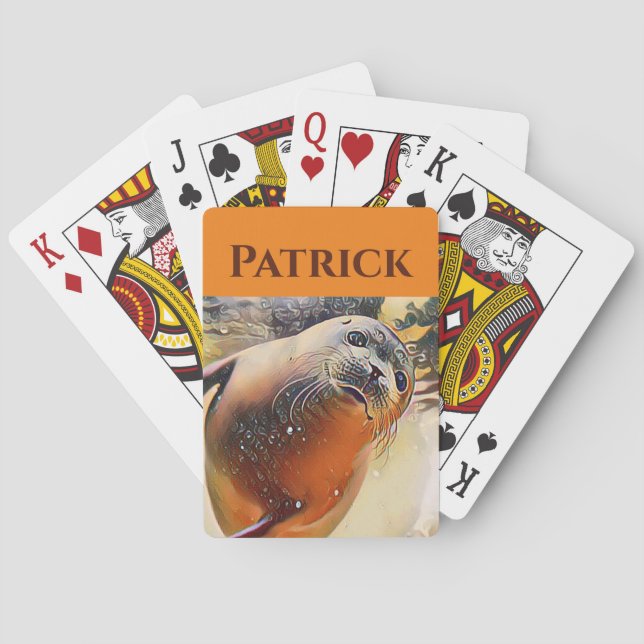 Creative Wildlife Cute Seal Pop Art with Your Name Playing Cards (Back)