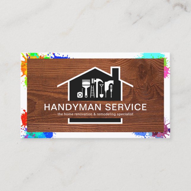 Creative Wood Paint Splatter Frame Handyman Business Card (Front)