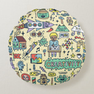 Creativity Activities Funny Doodle Cartoon Set 1. Round Cushion