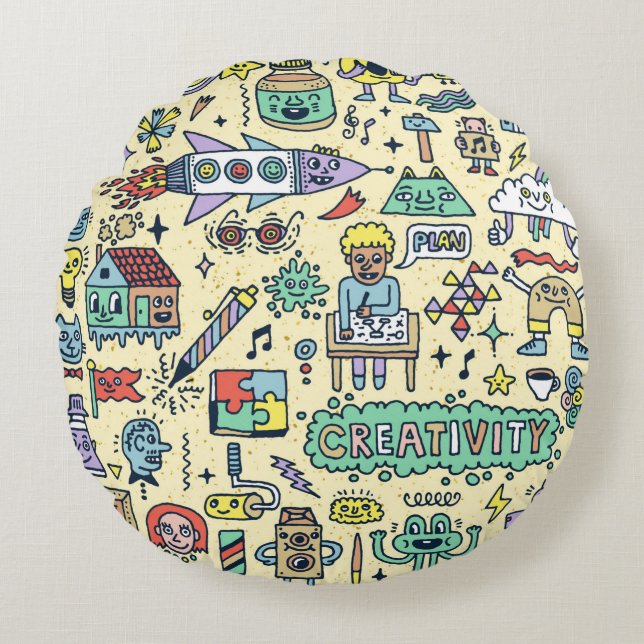 Creativity Activities Funny Doodle Cartoon Set 1.  Round Cushion (Front)