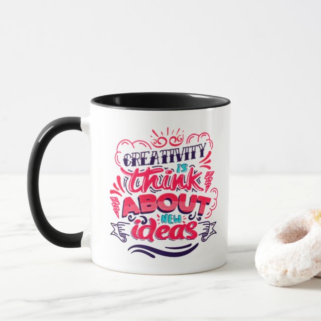 Creativity New Ideas Motivational Black Accent Mug (With Donut)