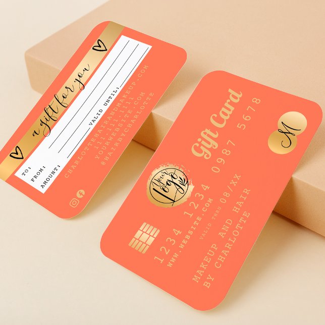 Credit card coral orange gold foil gift card (Credit card neon pink gold foil gift card coral)