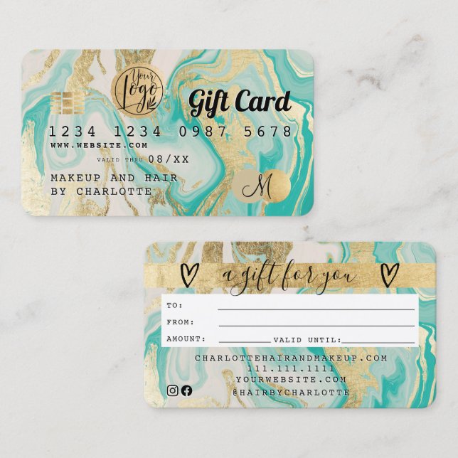 Credit card gold marble agate gift certificate (Front/Back)