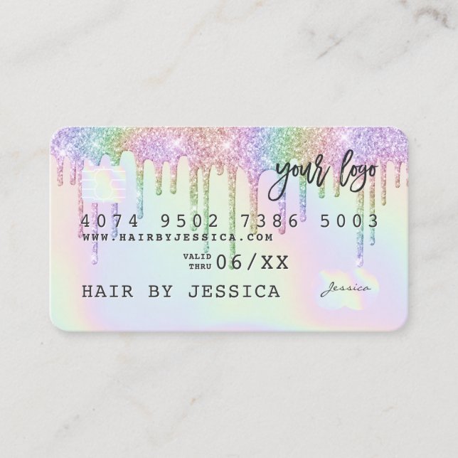 Credit card holographic unicorn glitter drips glam (Front)