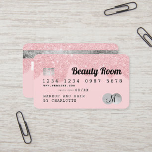 Credit card pink glitter drips silver monogram