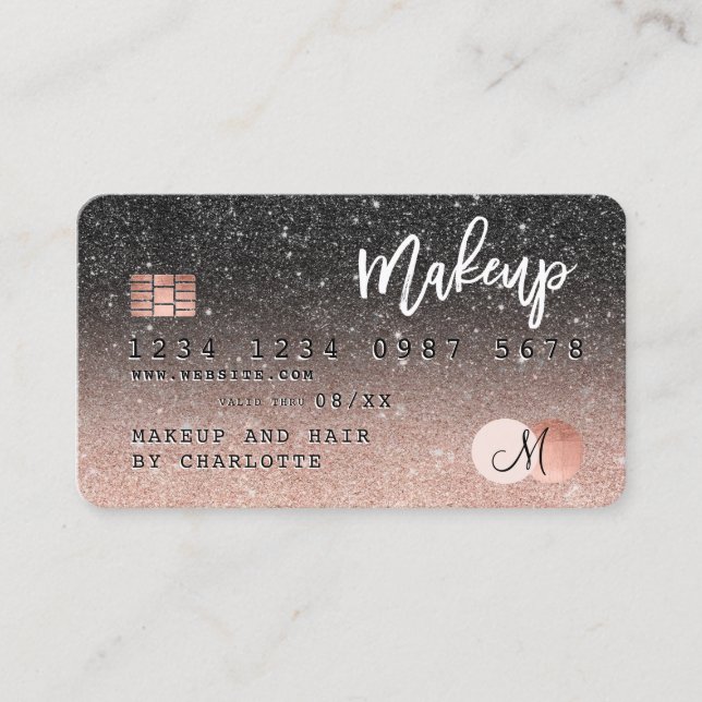 Credit card rose gold black glitter hair monogram (Front)