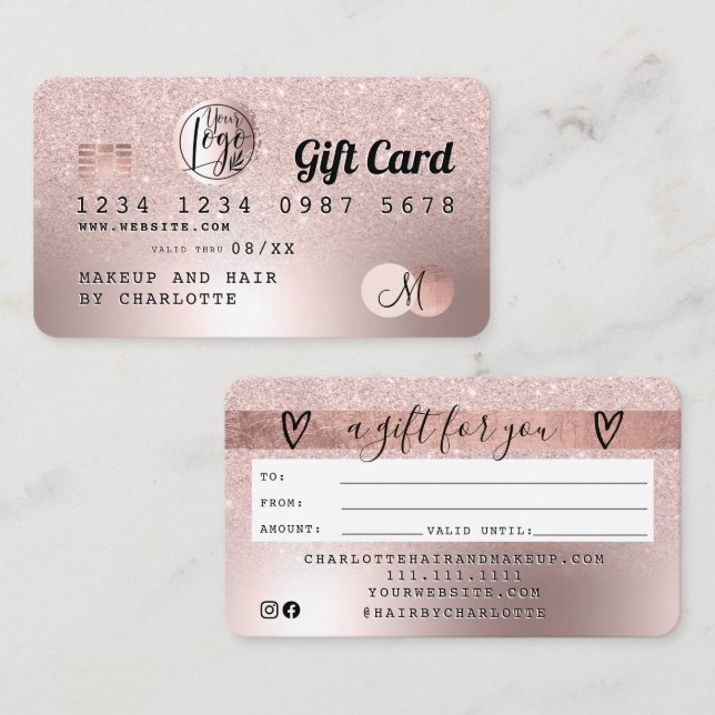 Credit card rose gold metallic glitter gift card (Front/Back)