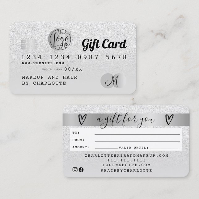 Credit card white glitter ombre silver gift card (Front/Back)