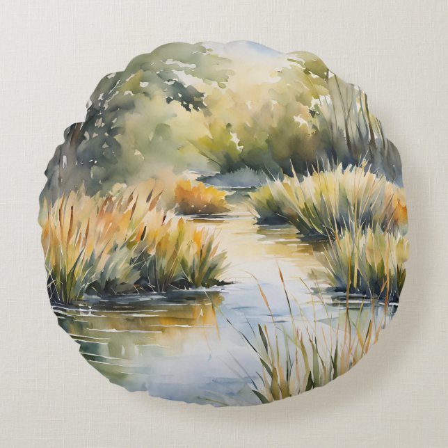 Creek Reeds Waterscape Round Cushion (Front)