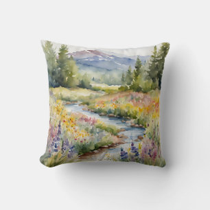 Creek Wildflowers Mountains Waterscape Watercolor Cushion