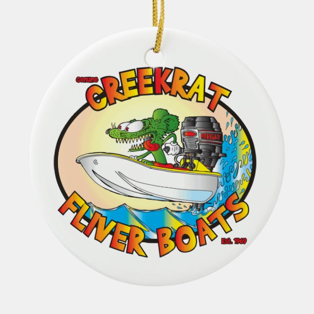 Creekrat Cartoons Fliver Boat Fun Christmas Ceramic Ornament (Front)