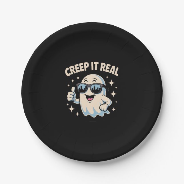 Creep It Real, Cute Halloween Ghost Paper Plate (Front)