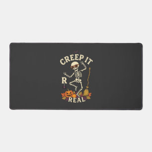 Creep It Real Dancing Skeleton Pumpkin Broom_1 Desk Mat