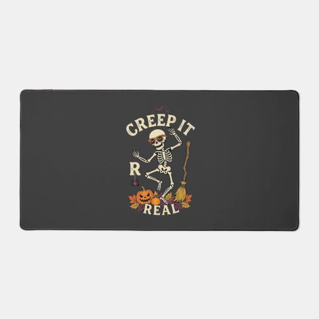 Creep It Real Dancing Skeleton Pumpkin Broom_1 Desk Mat (Front)