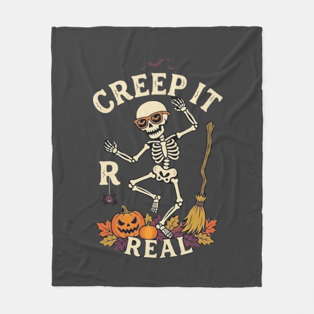 Creep It Real Dancing Skeleton Pumpkin Broom_1 Fleece Blanket (Front)