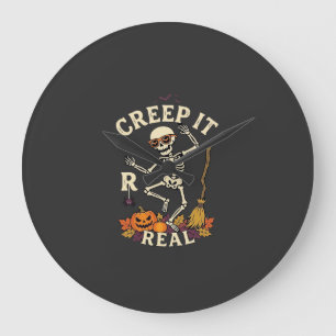 Creep It Real Dancing Skeleton Pumpkin Broom_1 Large Clock