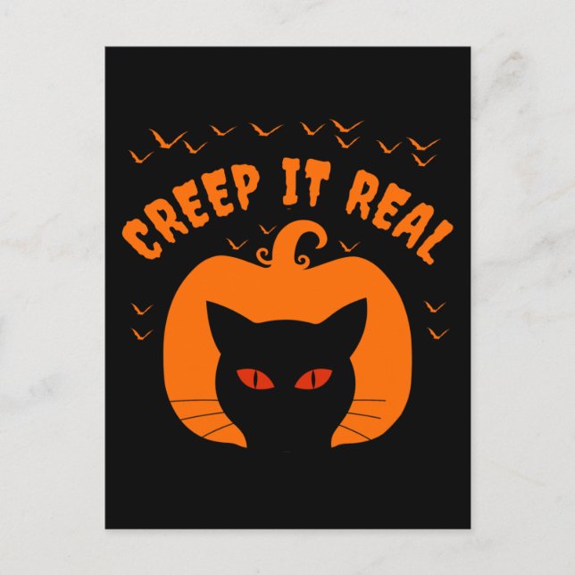 CREEP IT REAL FUNNY CAT HALLOWEEN POSTCARD (Front)