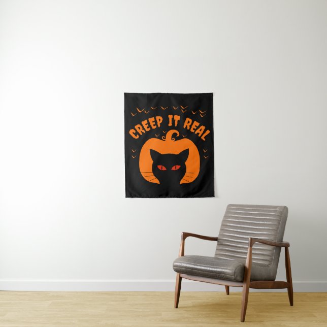 CREEP IT REAL FUNNY CAT HALLOWEEN TAPESTRY (In Situ)