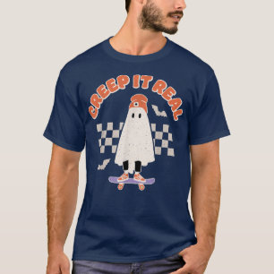 Creep It Real Ghost Skateboard Halloween Bat Check T-Shirt