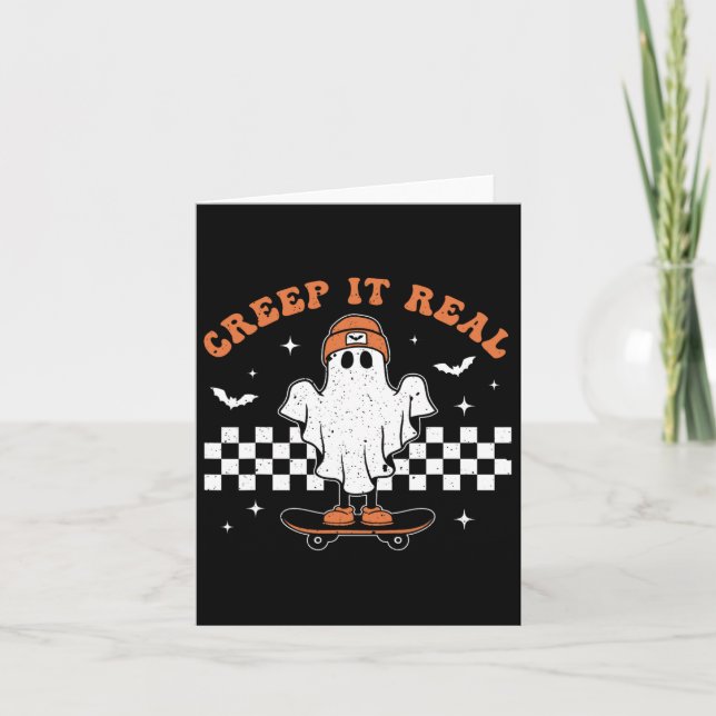 Creep It Real Ghost Skateboard Retro Cute Hallowee Card (Front)